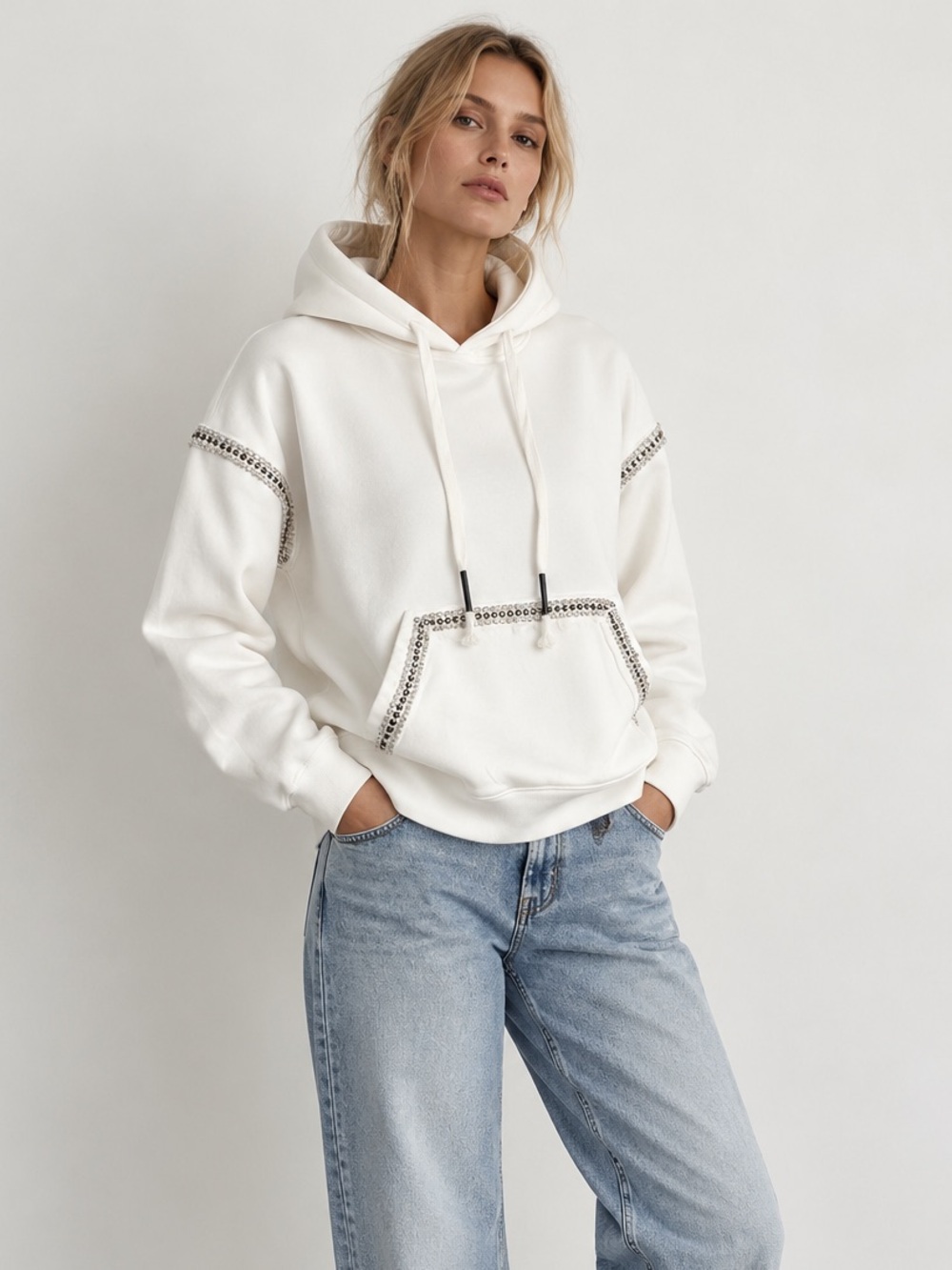 Elegant White Hoodie with Embellished Accents